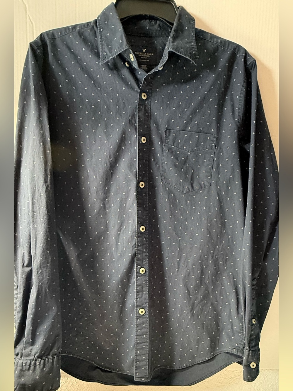 American Eagle Outfitters Men's Navy Dot-Print Button-Up Shirt
